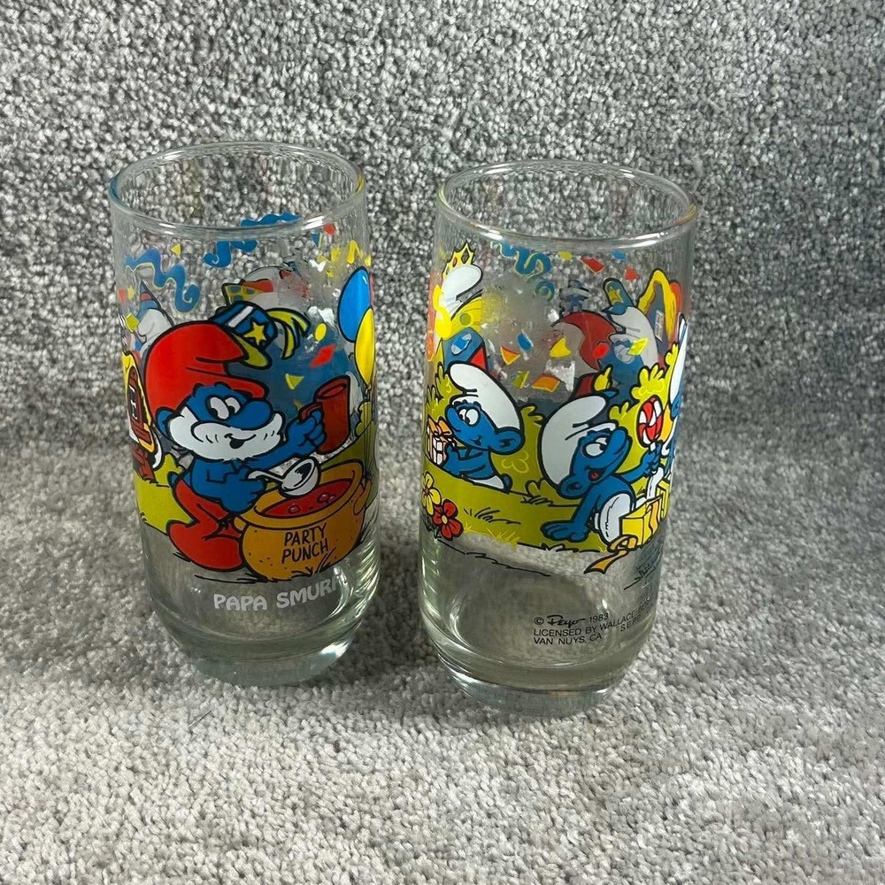 1983 Vintage PEYO Smurf Collectible Drinking Glasses Kidcore Set of 2